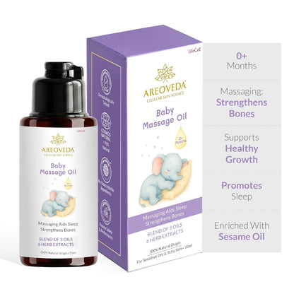 AreoVeda Organic Cold-Pressed Baby Massage Oil for Babies & Toddlers (50ml) | With Almond (Badam) & Sesame Oils | Non-Sticky & Quick-Absorbing | Massage Strengthens Bones, Aids Sleep