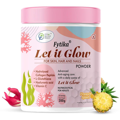 Fytika Let it Glow powder container with pink lid and product details on a white background