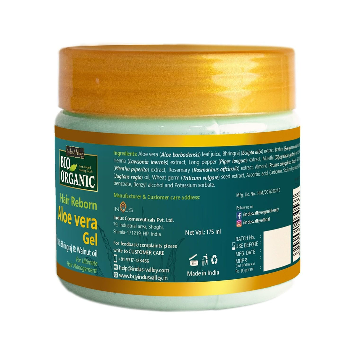BIO Organic Aloe vera Gel jar with gold lid on a white background