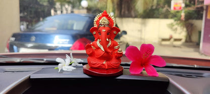 Handcrafted Poly Resin Ganesha Statue with Base - Perfect for Car Dashboard, Office Desk, Shelves, and Home Decor - Ideal Housewarming Gift! (OrangeMukutwithbase)