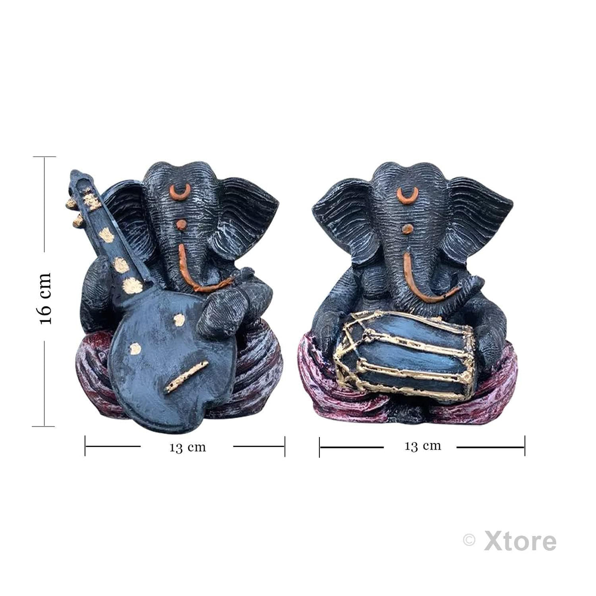 Resin Musical Ganesha Pair for Home Decor | Brings Prosperity - (Grey & Red, Pack of 2)
