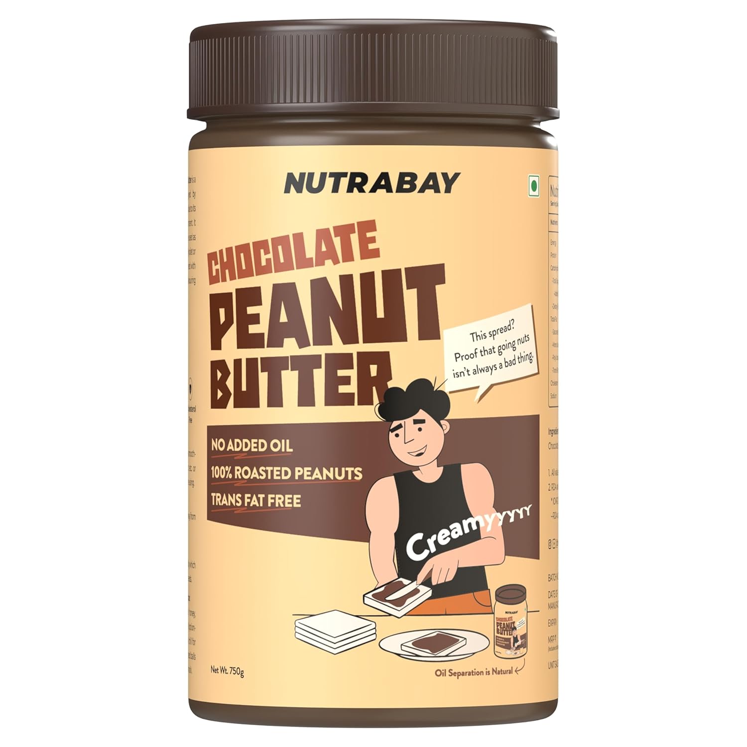 Jar of Nutrabay Chocolate Peanut Butter with a cartoon character on a white background