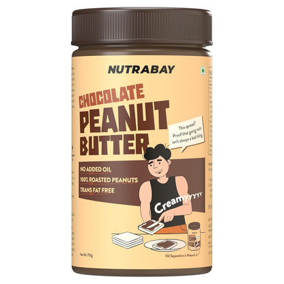 Jar of Nutrabay Chocolate Peanut Butter with a cartoon character on a white background