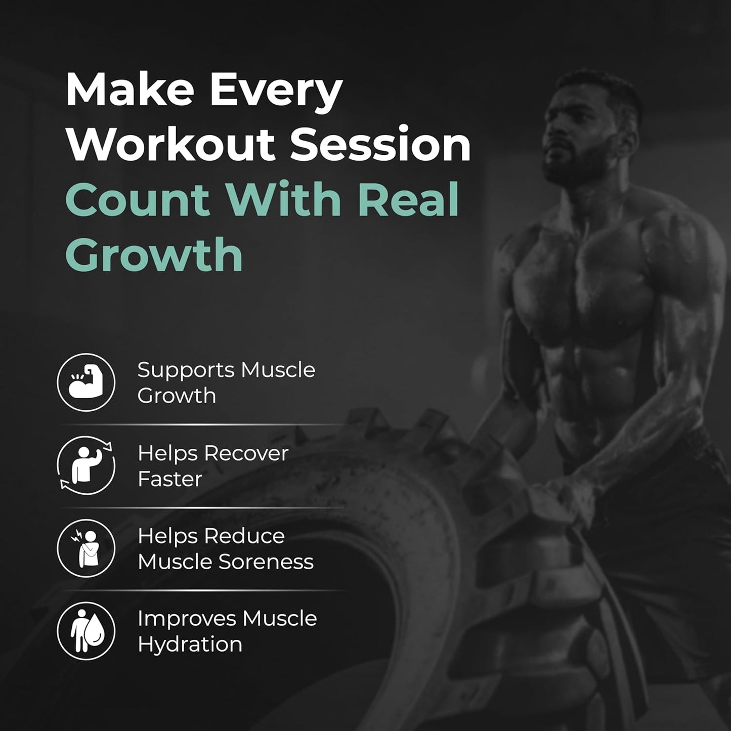 Man lifting a tire with text about workout session benefits on a dark background