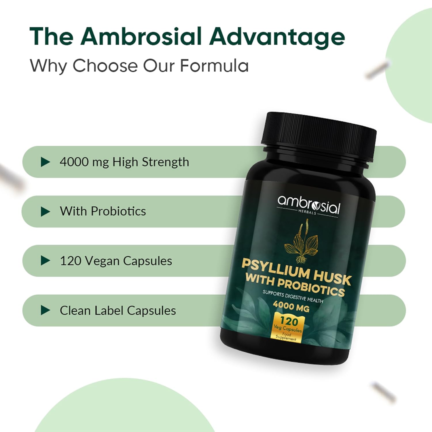 Ambrosial Psyllium Husk with Probiotics supplement bottle on a white background with green accents.