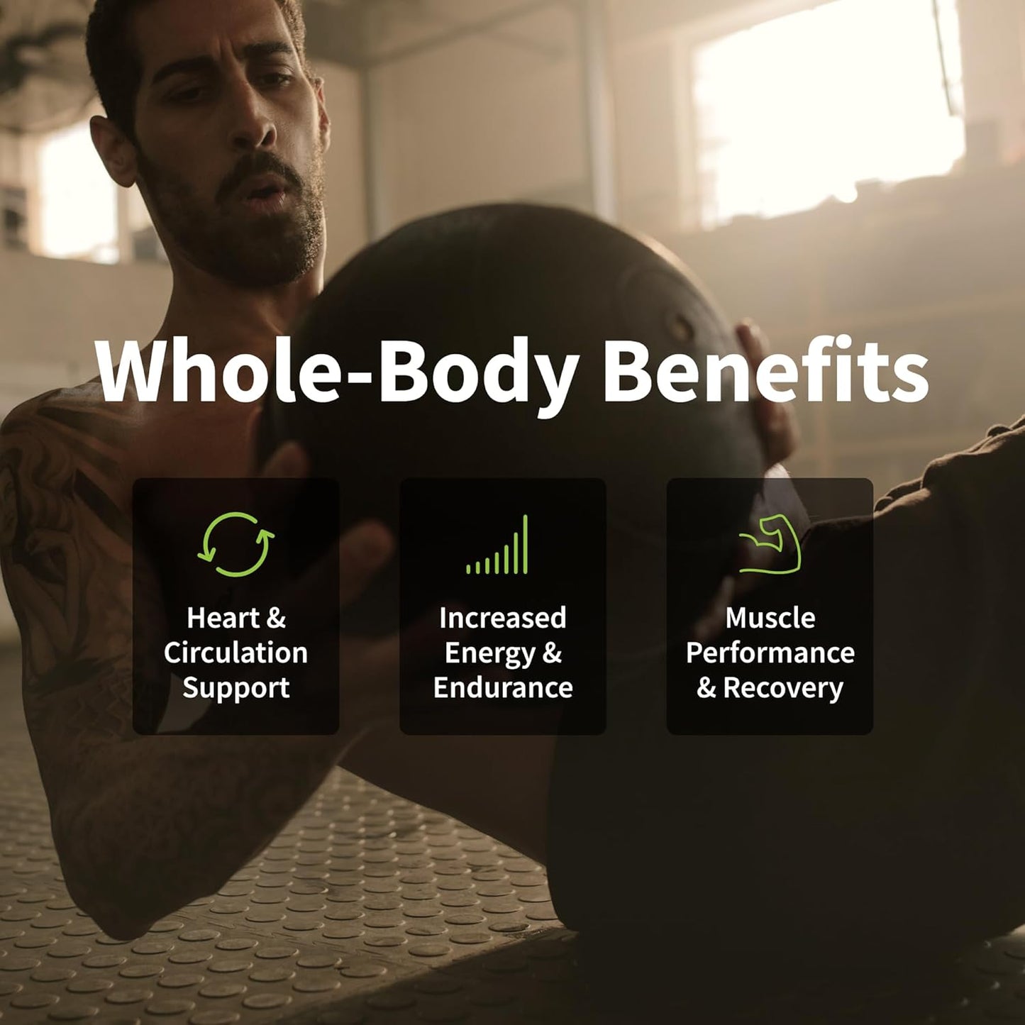 Man lifting a medicine ball with text on whole-body benefits in a gym setting