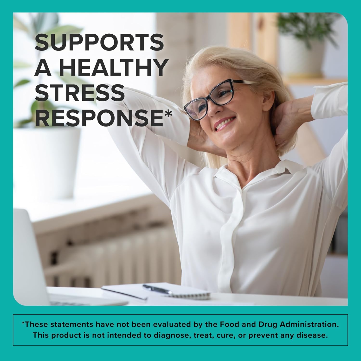 Woman relaxing with text about a healthy stress response