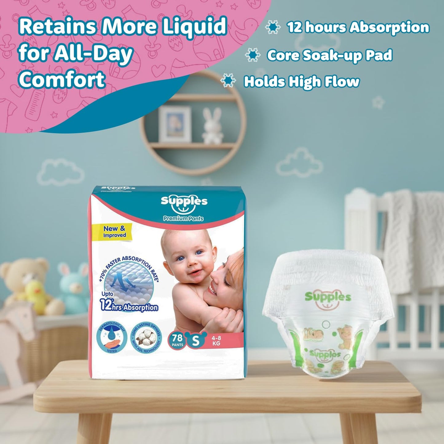 Supples Premium Baby Diaper Pants | 78 Baby Diapers | Small | 4-8 Kg | 12 Hrs Absorption | Cushiony Cotton Soft Fabric | Phthalates-Free | Triple Leak Guard