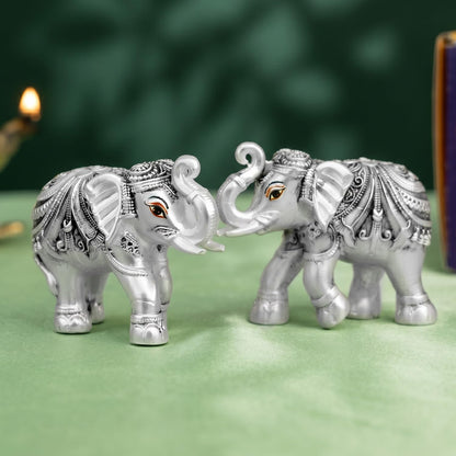 999 Pure Silver Plated Elephant Pair Showpiece with Gift Box | Silver Idol Set Home Decor Office Desk | Good Luck Feng Shui Vastu Animal Pair Religious Housewarming Griha Pravesh Gift