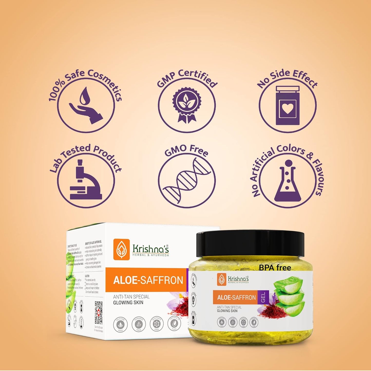 KRISHNA'S HERBAL & AYURVEDA Aloe Vera Gel Saffron For Acne, Scars, Glowing & Radiant Skin | Kesar Aloe Vera Gel For Face | Best Aloveravgel For Face | Aloevera Gel - 250 G
