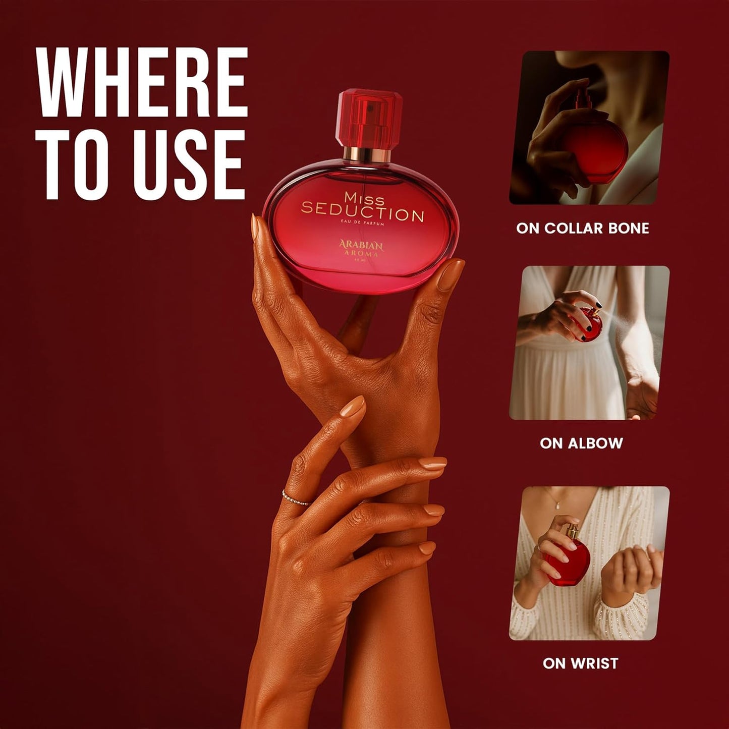 Red perfume bottle labeled 'Miss Seduction' held by a hand on a red background with usage instructions.