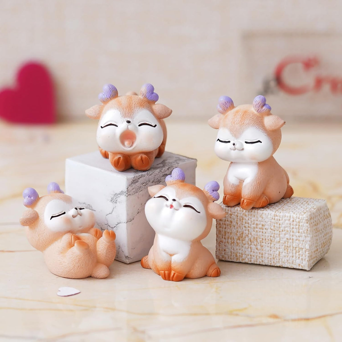 Set of 4 Miniature Cute Deer Statues Animal Figurines Showpiece for Home Decor Living Room Valentine Gift for Girlfriend Boyfriend Husband Wife Her Him | Valentine Day Decoration Items
