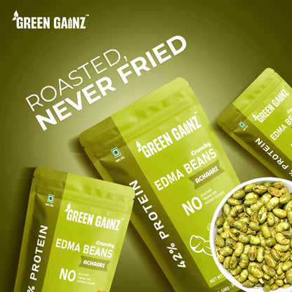 Green Gainz Roasted Edamame Achaari Flavour 100gm | Healthy Namkeen Snacks | 100% Veg Protein Rich Snack | Fiber Rich | No Palm Oil | Roasted, Not Fried