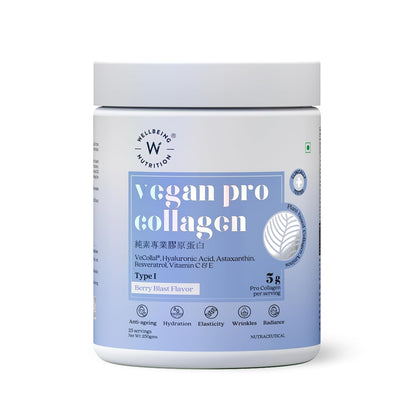 Wellbeing Nutrition Vegan Pro Collagen | Hyaluronic acid, Natural Astaxanthin, Resveratrol | Vitamin C | Boosts Collagen Production | Improves Skin Hydration, Texture & Evens Skin Tone | Berry Blast