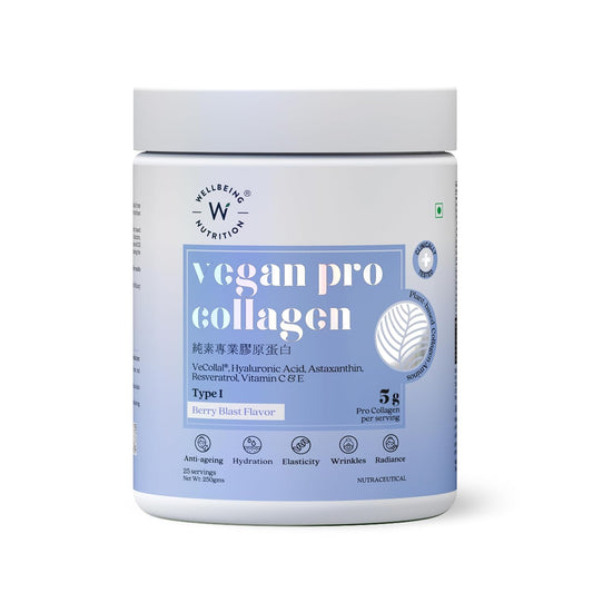 Wellbeing Nutrition Vegan Pro Collagen | Hyaluronic acid, Natural Astaxanthin, Resveratrol | Vitamin C | Boosts Collagen Production | Improves Skin Hydration, Texture & Evens Skin Tone | Berry Blast