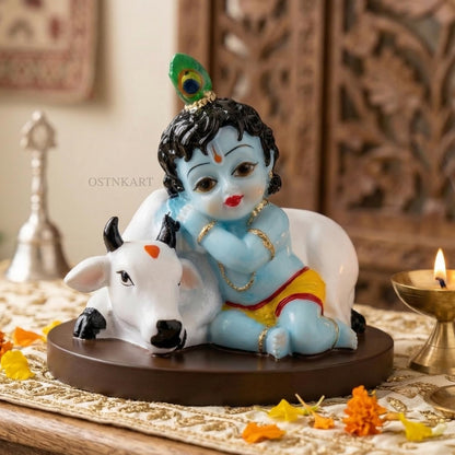 Krishna Idol for Car Dashboard, 3.5 Inch Multicolour Resin Statue | Lord Krishna Showpiece for Home, Office & Pooja Room | Decorative Gift Item | Size 9 x 7 x 8 cm