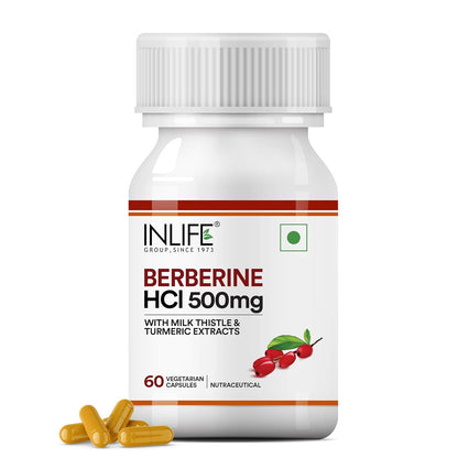 INLIFE Berberine HCL 500mg Supplements with Milk Thistle & Turmeric Extract Support for Men & Women - 60 Veg Capsules (Pack of 1, 60)