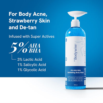 Be Bodywise 5% AHA BHA Exfoliating Body Wash 700ml | For Body Acne, Strawberry Skin, De-Tan | Infused with 3% Lactic Acid, 1% Salicylic Acid, 1% Glycolic Acid | Non-Drying, Paraben Free