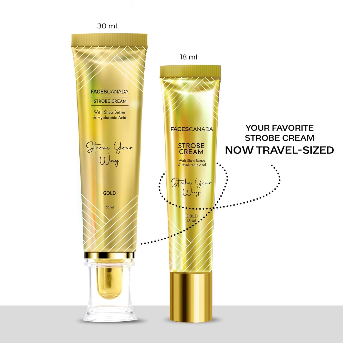 FACES CANADA Strobe Cream Mini- Gold, 18ml | Primer + Highlighter + Moisturizer | Shea Butter & Hyaluronic Acid | Intense Hydration | Flawless Radiant Dewy Skin | Illuminating & Glowing Makeup Base