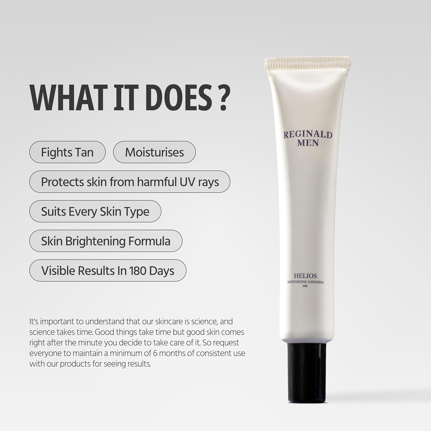 Skincare product tube with text detailing its benefits on a gray background