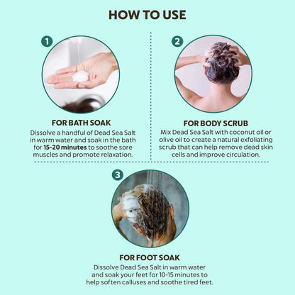 Instructions on how to use Dead Sea salt for bath soak, body scrub, and foot soak on a light green background.