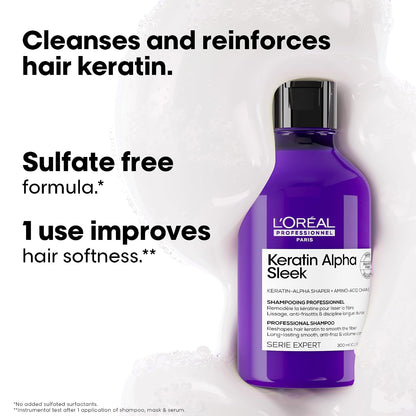 L’Oréal Professionnel Keratin Alpha Sleek Shampo for Frizz Control & Smoothness | Sulfate free formula for hair smoothness | Professional shampoo with Keratin alpha shaper,amino acid chains | 250 ml