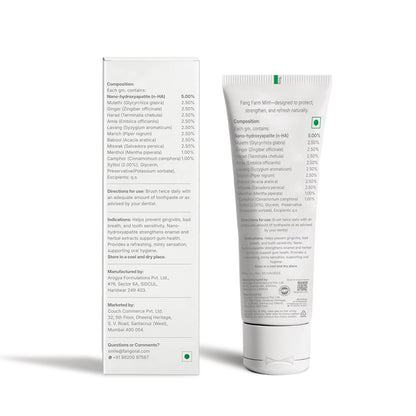 Fang Farm Mint Natural Toothpaste|Fluoride Free Hydroxyapatite|Teeth Whitening|Heals Sensitive Teeth|Fights Cavities,Gum Diseases & Bad Breath|SLS & Chemical Free|Organic, Vegan|120 grams