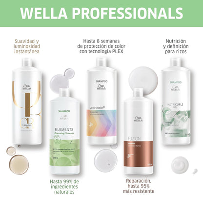 Wella Professionals hair care products with text highlighting features on a white background.