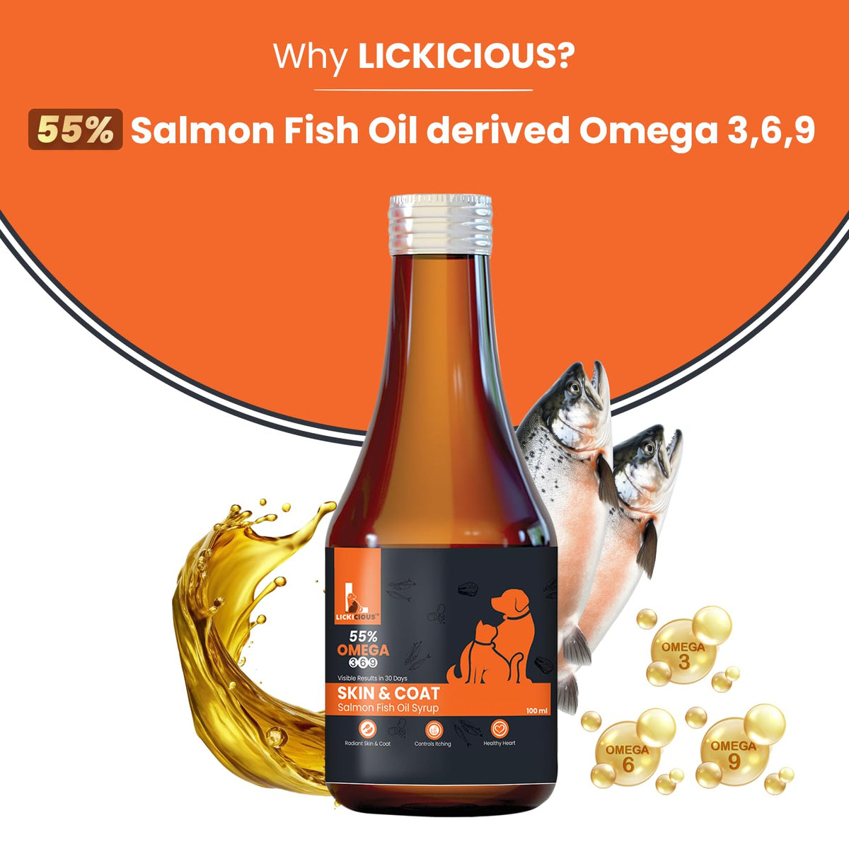 LICKICIOUS Skin & Coat Syrup for Dogs & Cats 100 ml | 55% Salmon Fish Oil, Omega 3 6 9 | Shinier Coat, Itch & Allergy Control | Improves Skin & Hair Health | Nutritional Supplement/Tonic for Pets