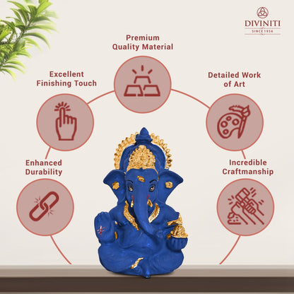 24K Gold Plated Resin Lord Ganesha Idol for Car Dashboard, Tabletop|Ganesh Statue for Good Luck and Success|Ganpati Murti for Home Decor Mandir, Office Desk Puja Gift Navy Blue (8.4x4.2cm)