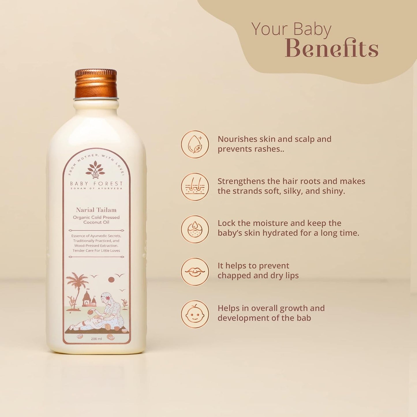 Baby Forest Narial Tailam Organic Cold Pressed Coconut Oil for Baby Skin & Hair Care | 100% Natural & Ayurvedic | Derma Safe & Cruelty-Free | Coconut Oil for Newborn Massage | 200ml