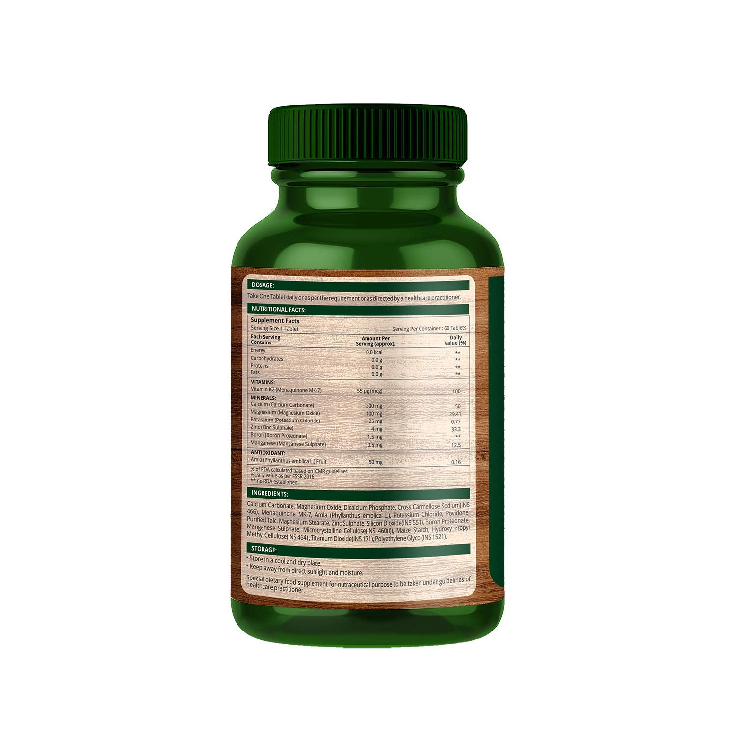 Green supplement bottle with label on a white background
