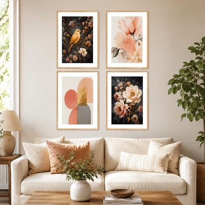 Set of 4 Floral Bird & Abstract Wall Paintings with Sparkle Laminate and Premium Wooden Synthetic Frame for Living Room Bedroom Office Decor (13.5 x 19.5 Inch)