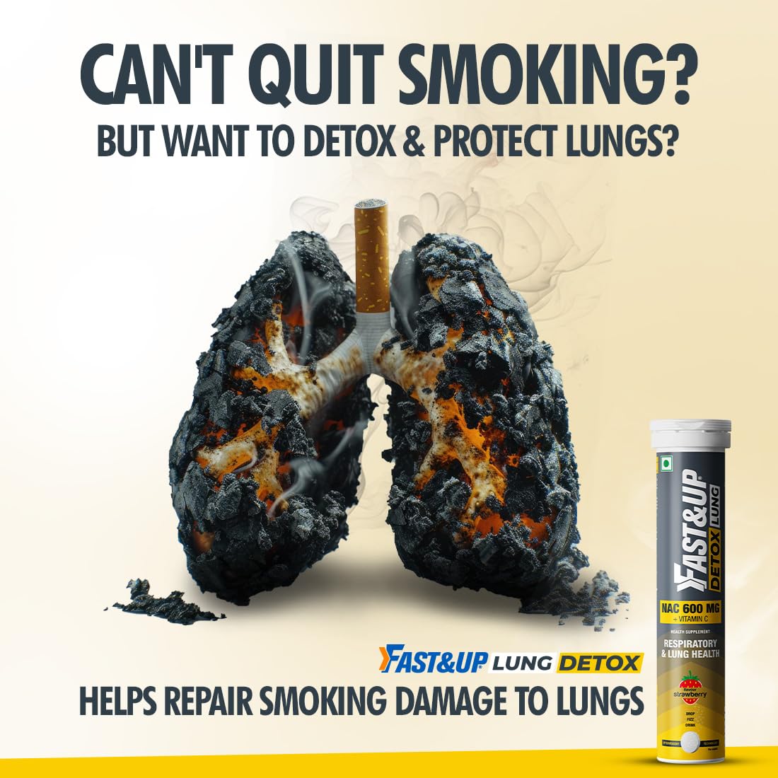 Advertisement for Fast&Up Lung Detox showing damaged lungs and a cigarette with product packaging.