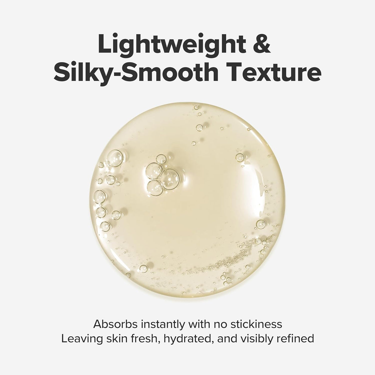 Textured oil droplet with 'Lightweight & Silky-Smooth Texture' text on a white background