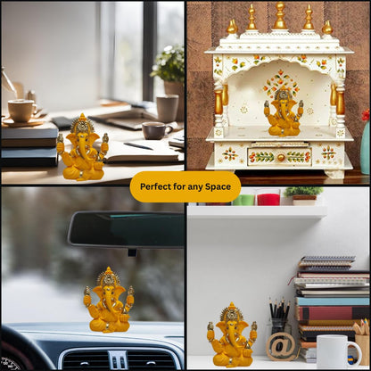 Gold Art India Handcrafted Mango Terracotta Ganesha with Golden Jewelry for Car Dashboard, Home/Office Decor, Gifting/Housewarming Gifts (4HANDGANESHAYELLOWTERRACOTTA 3.3")