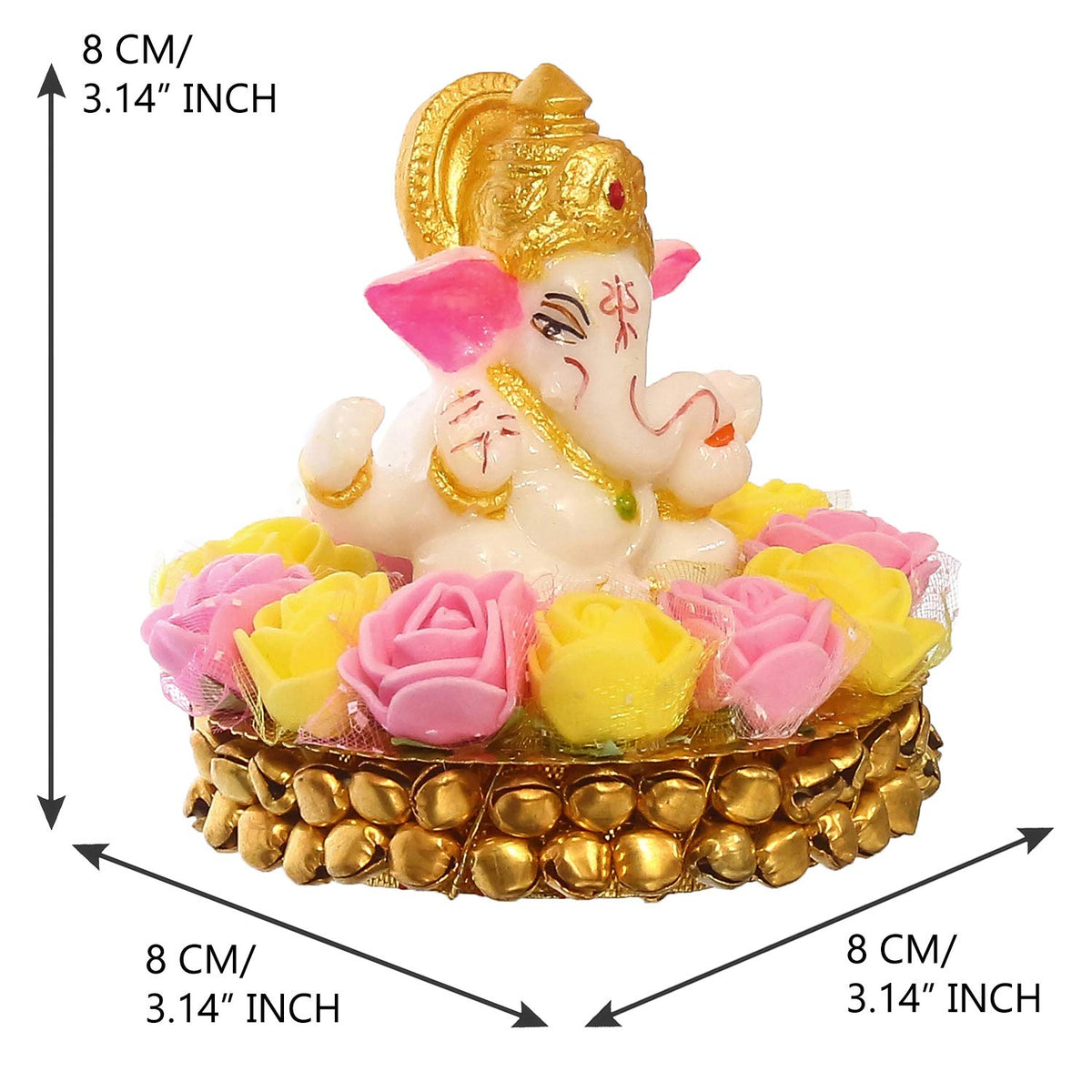 Lord Ganesha Idol on Decorative Handcrafted Plate with Pink and Yellow Flowers