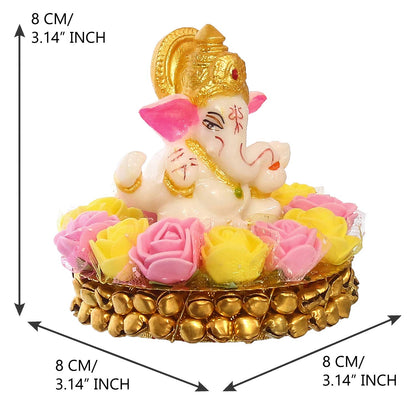 Lord Ganesha Idol on Decorative Handcrafted Plate with Pink and Yellow Flowers