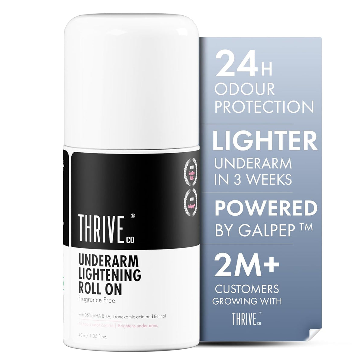 Thrive underarm lightening roll on with packaging details on a white background