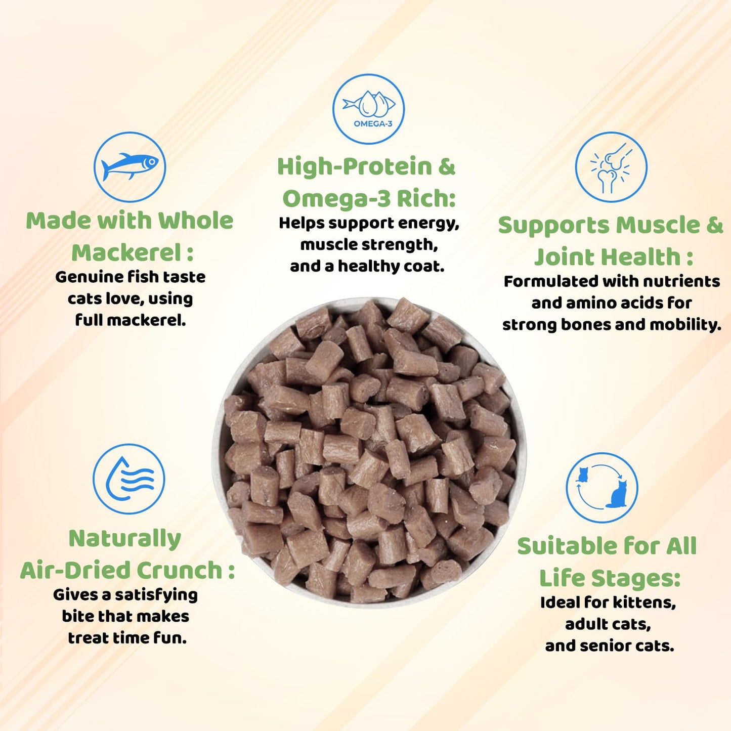 Petoska Mackerel Fish Cat Treats - 100g | Air-Dried Ocean-Caught Mackerel Bites with Taurine & Omega-3 | Chewy Snack to Support Heart, Shiny Coat & Joints | Kittens & Adult Cats