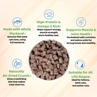 Petoska Mackerel Fish Cat Treats - 100g | Air-Dried Ocean-Caught Mackerel Bites with Taurine & Omega-3 | Chewy Snack to Support Heart, Shiny Coat & Joints | Kittens & Adult Cats