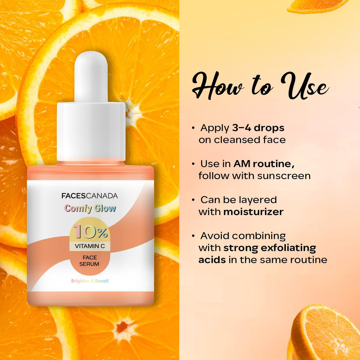 FACES CANADA Comfy Glow 10% Vitamin C Face Serum - 15ml | Brightens Complexion | Dark Spot Reduction | Lightweight | Prevents Premature Aging | Hydrating & Healthier Looking Skin