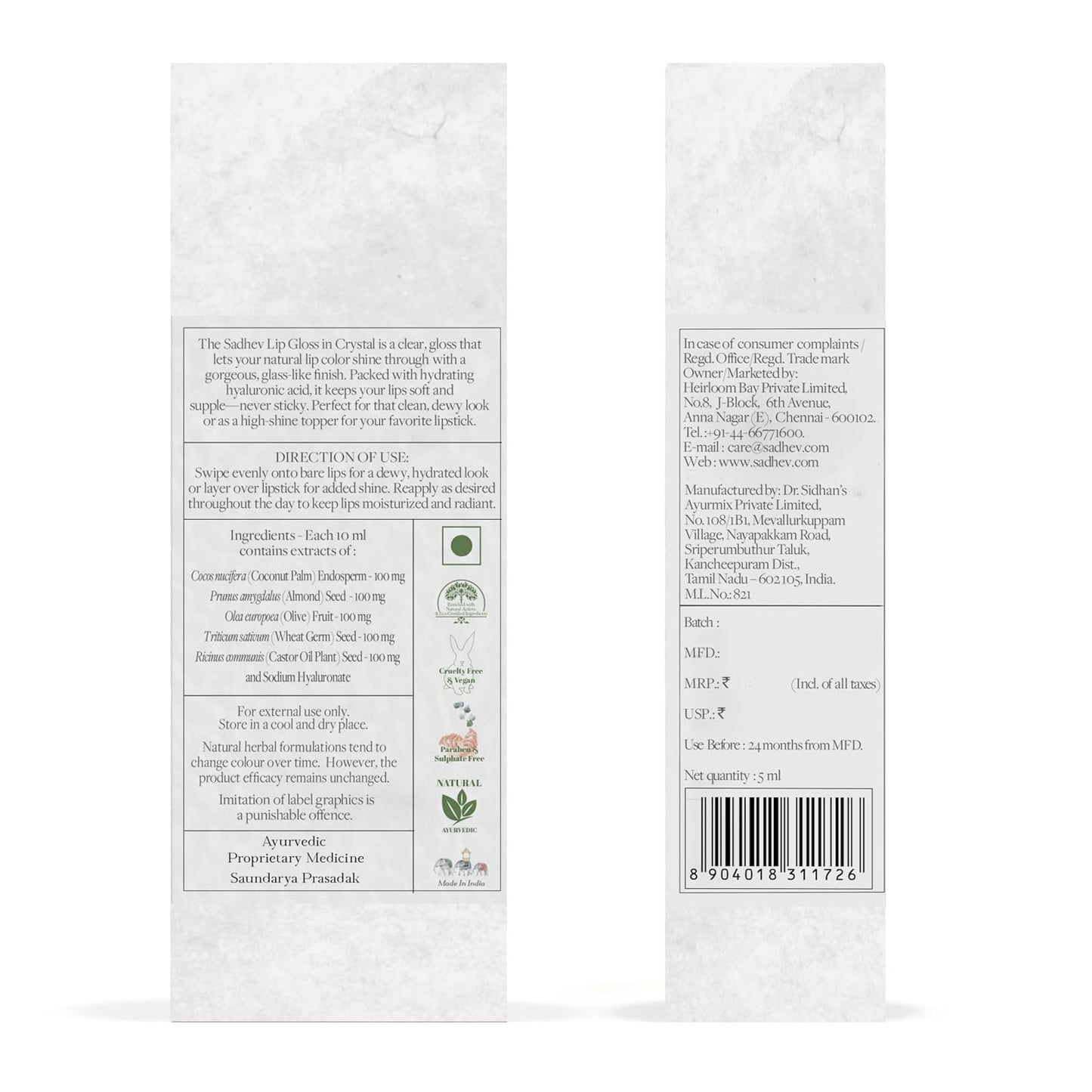 Sadhev Ayurvedic Crystal Lip Gloss With Hyaluronic Acid & Almond | Natural Glossy Shine | Hydrates, Plumps & Nourishes Lips (5 ml)