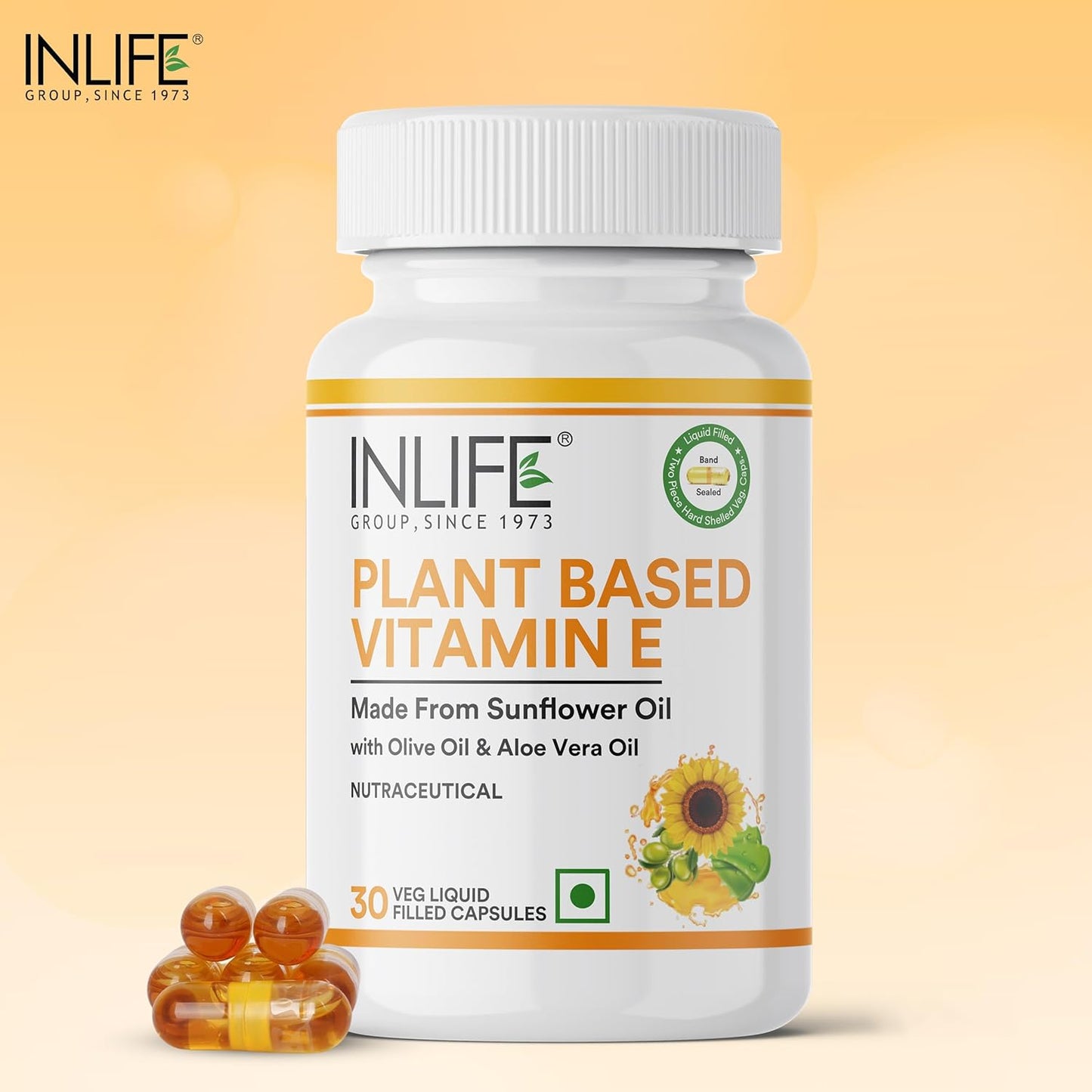 INLIFE Plant Based Natural Vitamin E Oil Capsules for Face and Hair|Sunflower, Olive & Aloe Vera Oils |Skin Health and immunity support Supplement for Women & Men–30 Vegetarian Capsules (Pack of 1)