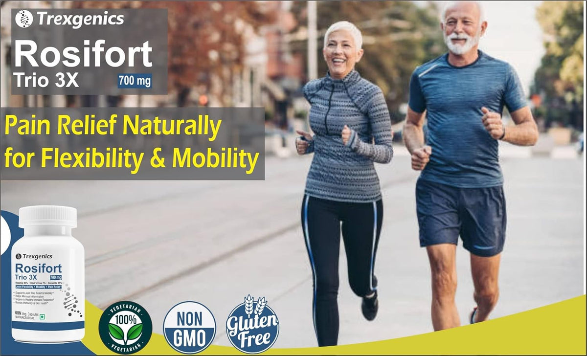 Advertisement for Trexgenics Rosifort Trio 3X showing a couple running with product packaging and text about pain relief.
