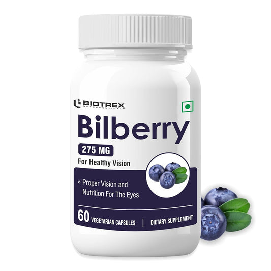 Biotrex Nutraceuticals Bilberry Extract 275mg | Anthocyanidins | Healthy Vision, Antioxidant & Eye Health Supplement | 60 Capsules