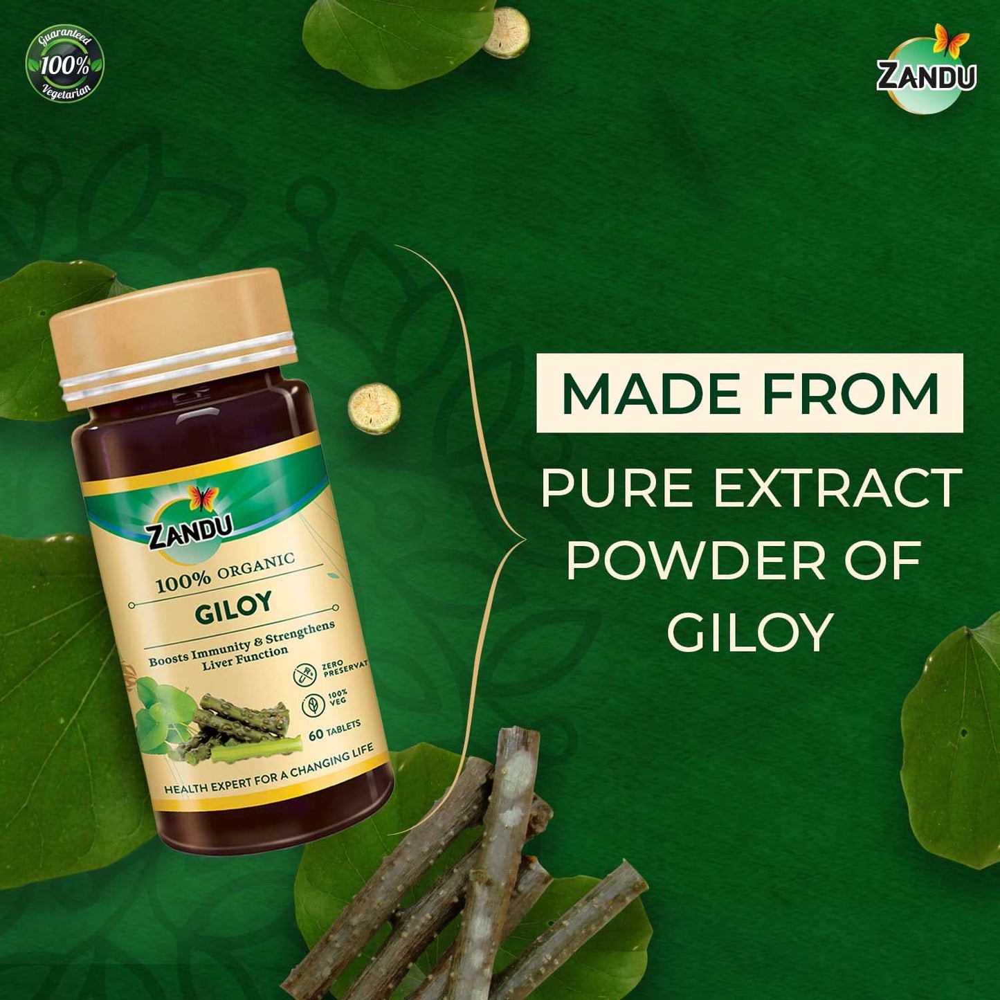 Zandu Giloy Tablets with 100% Pure Giloy Extract | Ayurvedic Immunity Booster | Protects against Infections | Improves Liver Function |100% Ayurvedic & Vegetarian (60 Tabs)