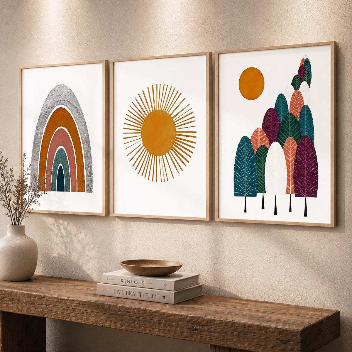 Boho Painting Wall Art Home Decoration Paintings With Frame For Living Room Bed Room Hotel Wall Decor Digital Reprint Set of 3 (13X17 inch)
