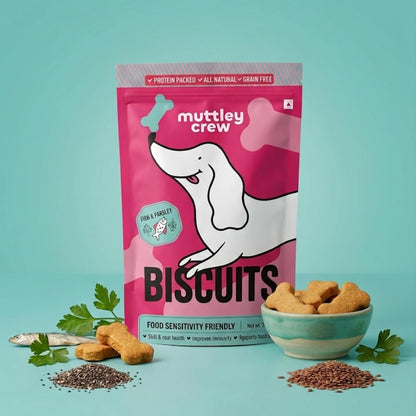 Muttley Crew Dog Biscuits with Real Fish & Parsley | Healthy Adult Dog Treats for Easy Digestion | All Natural | Grain-Free | Gluten-Free | No Artificial Preservatives | No Added Flavour (200g)