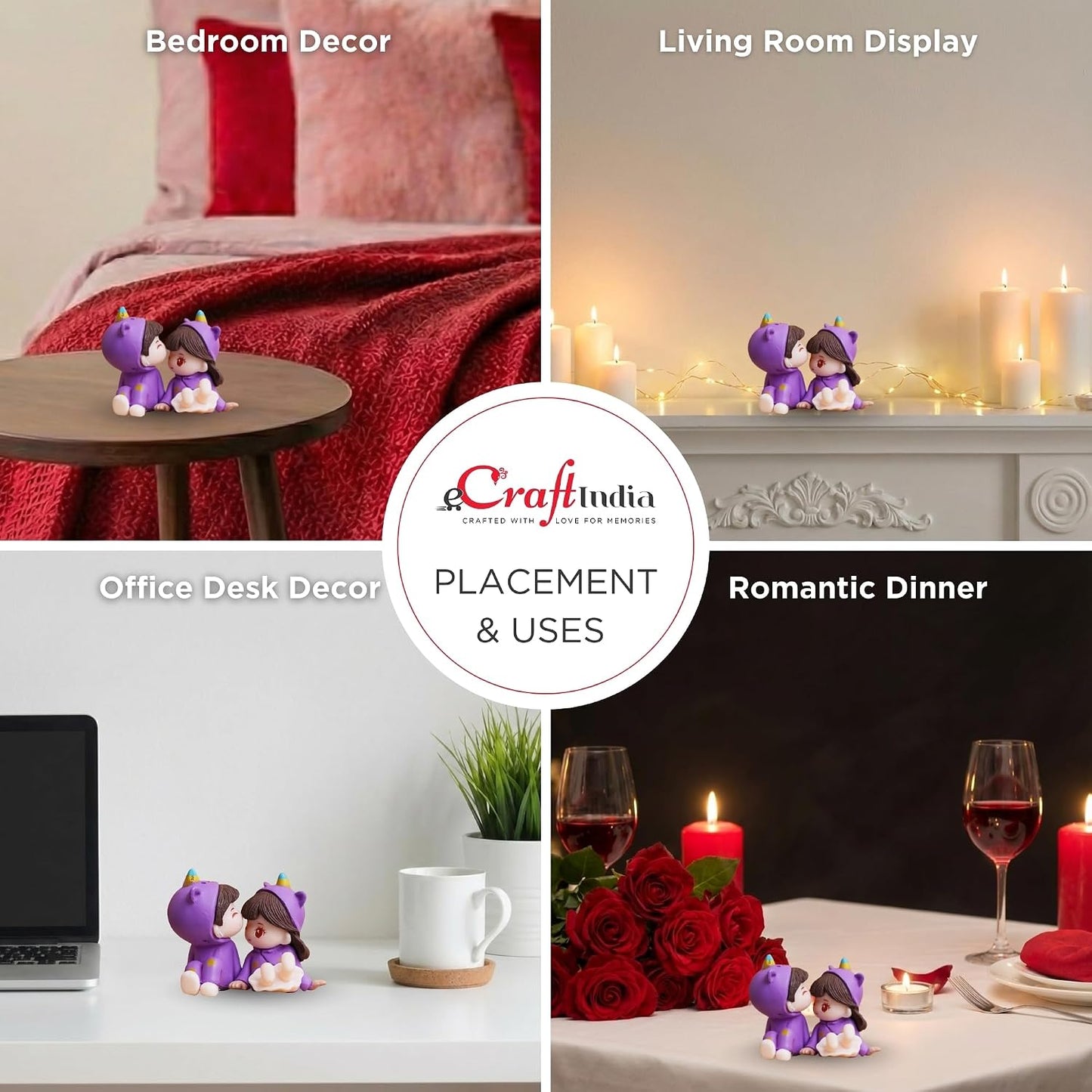 eCraftIndia Valentine Gift for Girlfriend Boyfriend Purple Miniature Romantic Couple Statue Boy Kissing Girl Forehead Showpiece Valentine Gift for Husband Wife Valentines Day Decoration Items